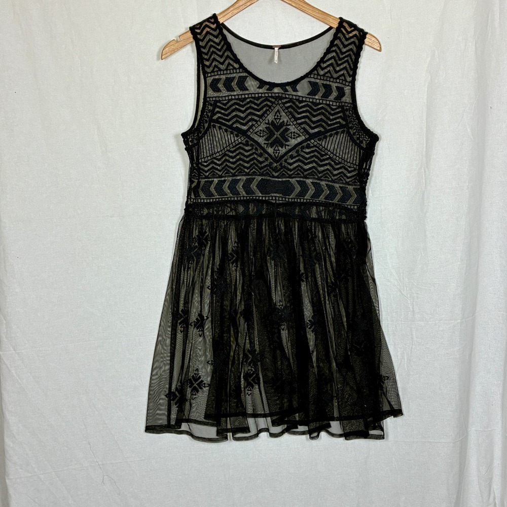 Free People Whimsigoth Dark Boho Sheer Babydoll Top Size M Black Embroidered